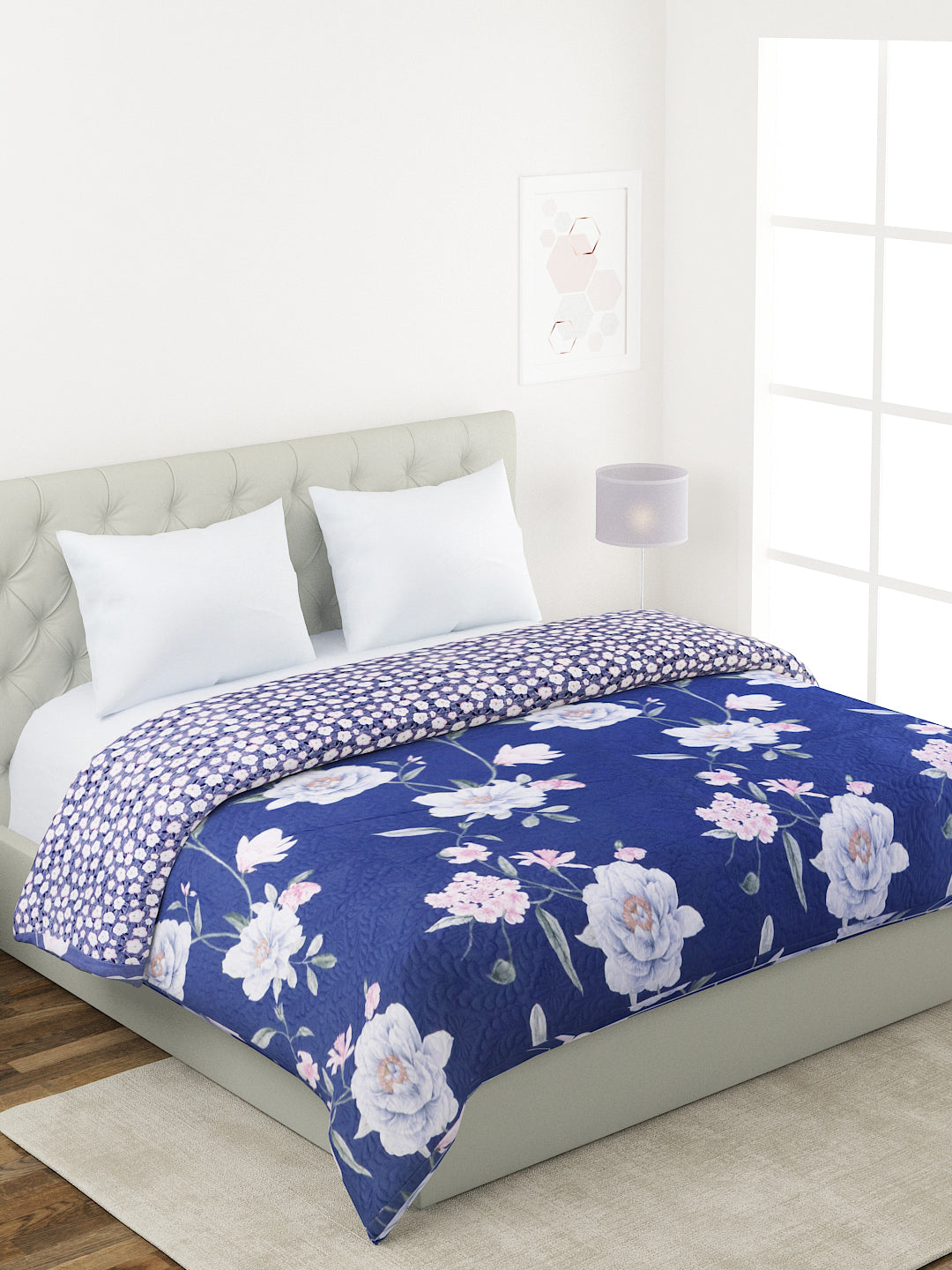 Floral Print Double Bed Light Weight Comforter-Navy Blue