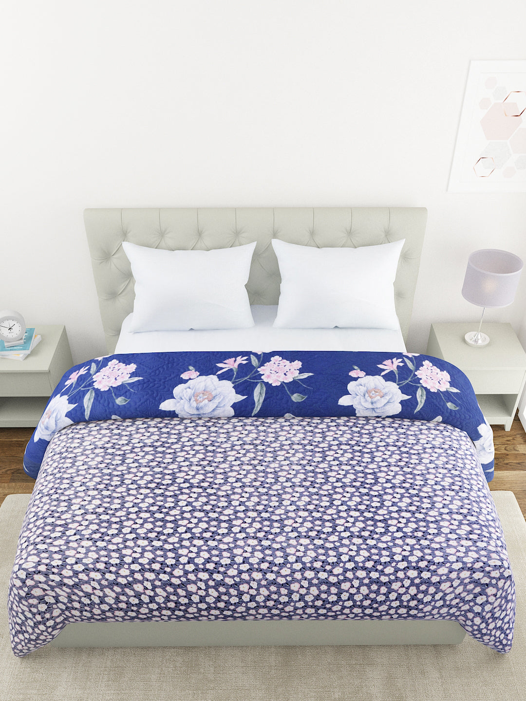 Floral Print Double Bed Light Weight Comforter-Navy Blue