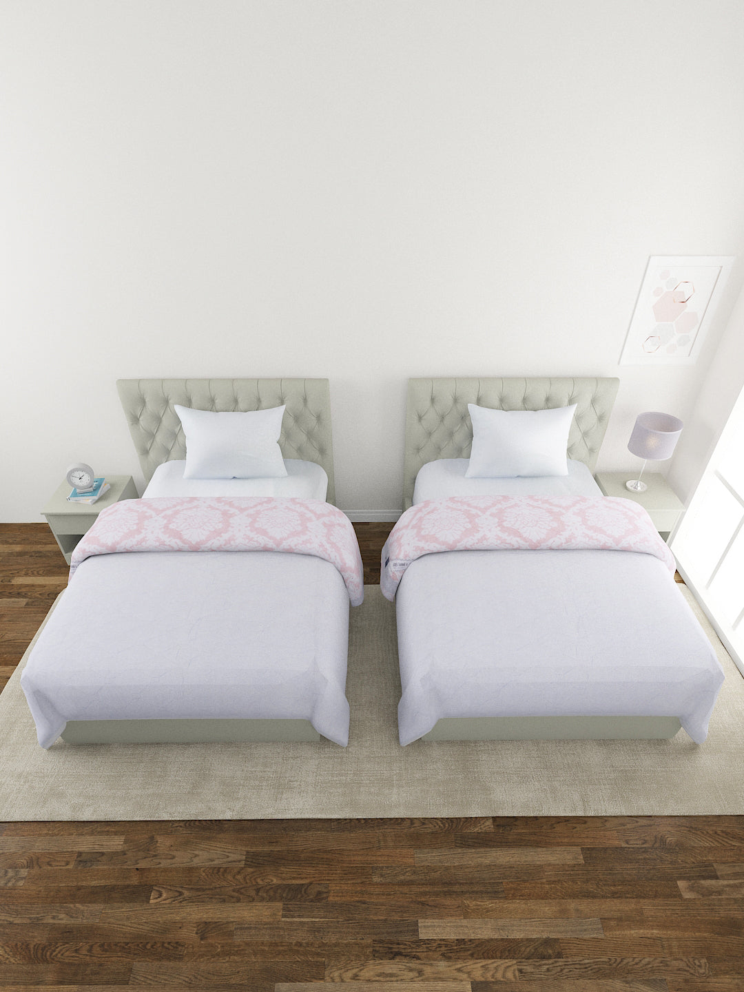 Floral Print Set of 2 Single Bed Light Weight Comforter- Pink and White