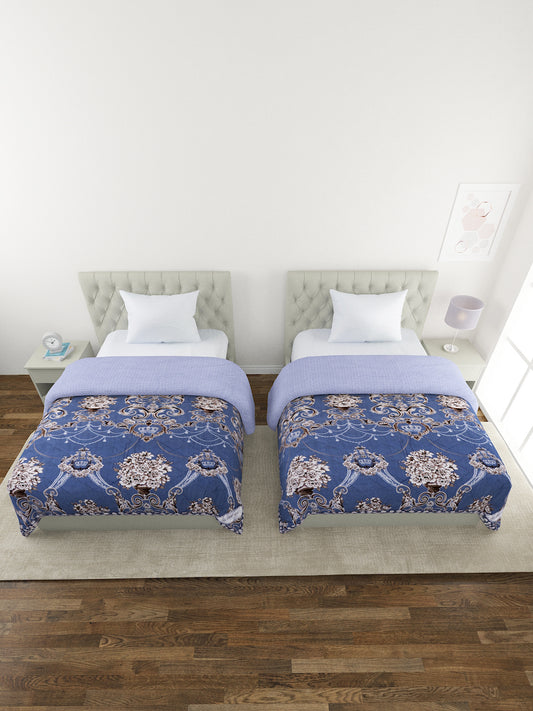 Floral Print Set of 2 Single Bed Light Weight Comforter-Royal Blue