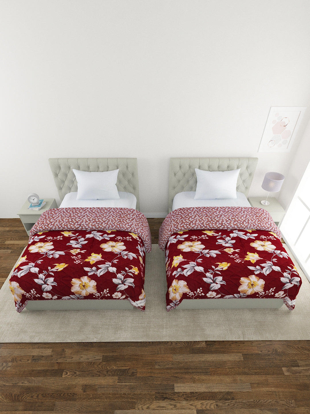 Floral Print Set of 2 Single Bed Light Weight Comforter-Maroon