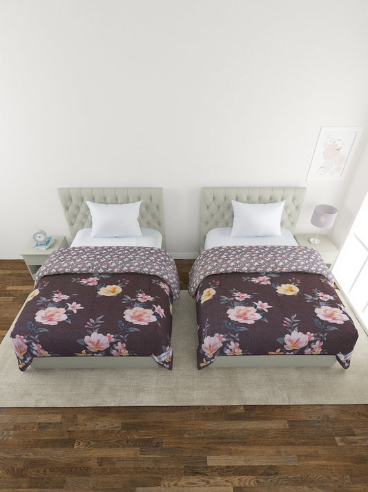 Floral Print Set of 2 Single Bed Light Weight Comforter-Dark Brown