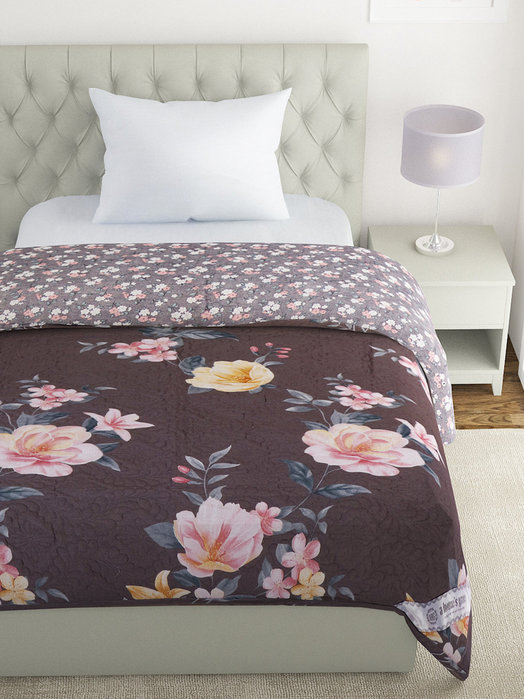 Floral Print Set of 2 Single Bed Light Weight Comforter-Dark Brown