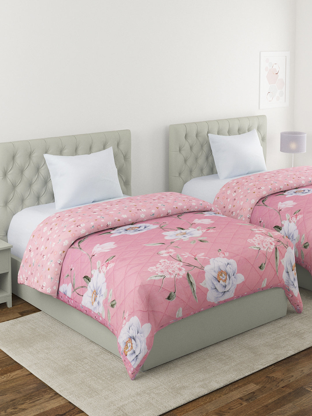 Floral Print Set of 2 Single Bed Light Weight Comforter-Pink
