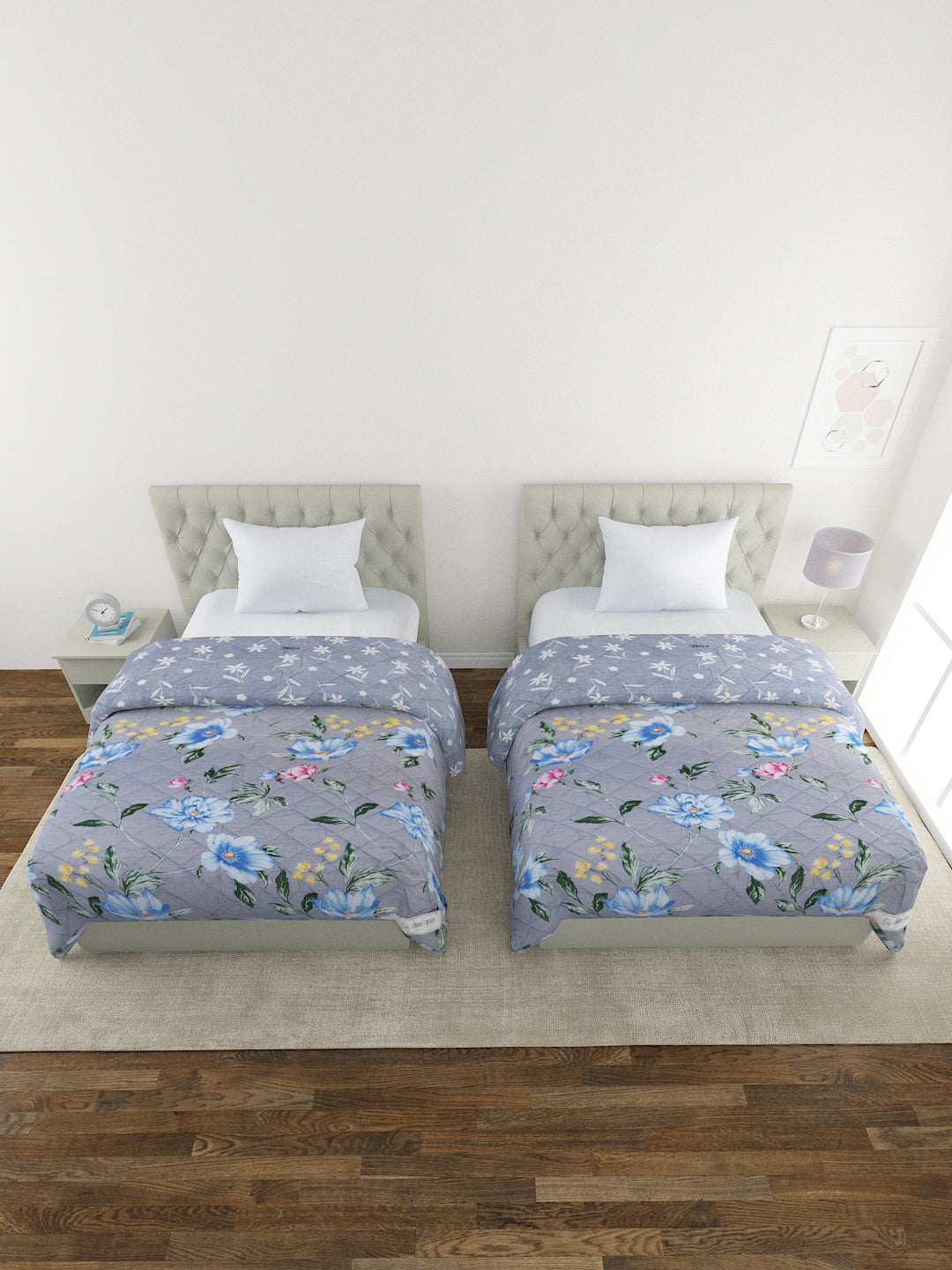 Floral Print Set of 2 Single Bed Light Weight Comforter-Grey and Blue