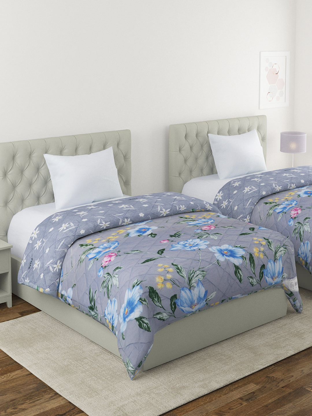 Floral Print Set of 2 Single Bed Light Weight Comforter-Grey and Blue