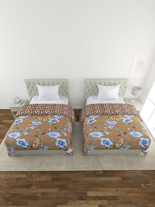 Floral Print Set of 2 Single Bed Light Weight Comforter-Camel Brown