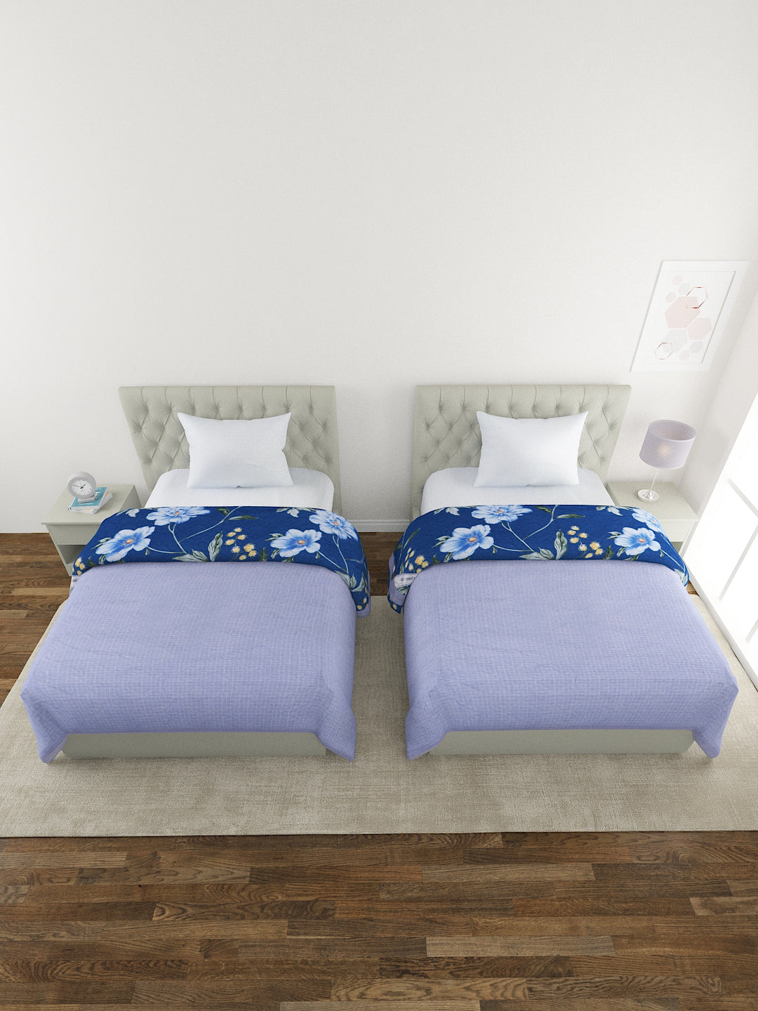 Floral Print Set of 2 Single Bed Light Weight Comforter- Navy Blue
