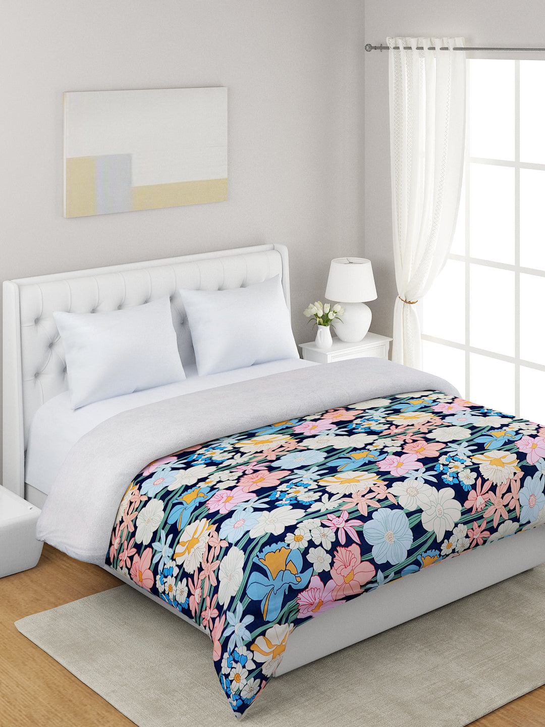 Blue & White Floral Printed Microfiber Summer 120 GSM Double Bed Dohar