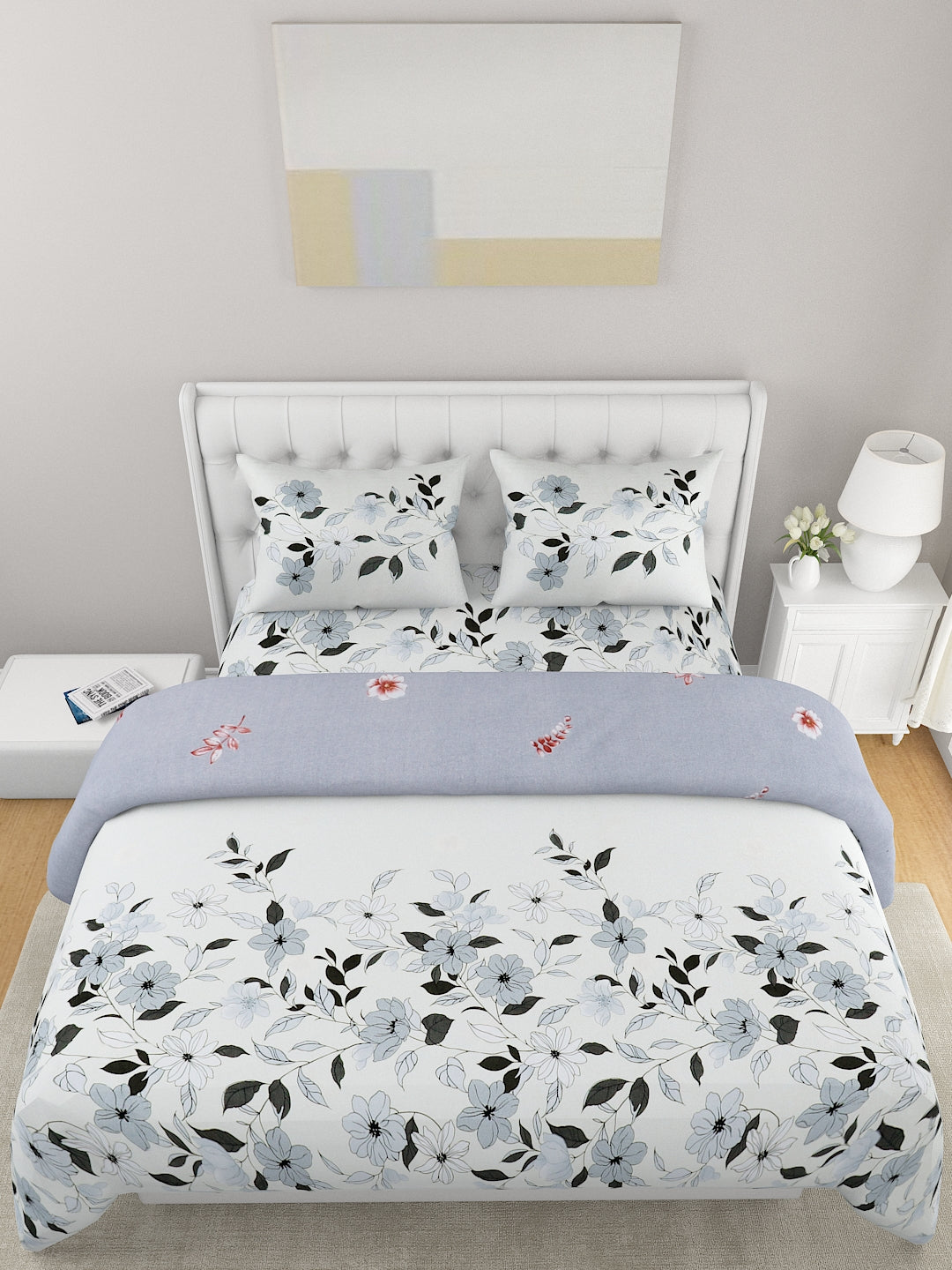 Grey & White Floral Printed Double Queen Bedding Set