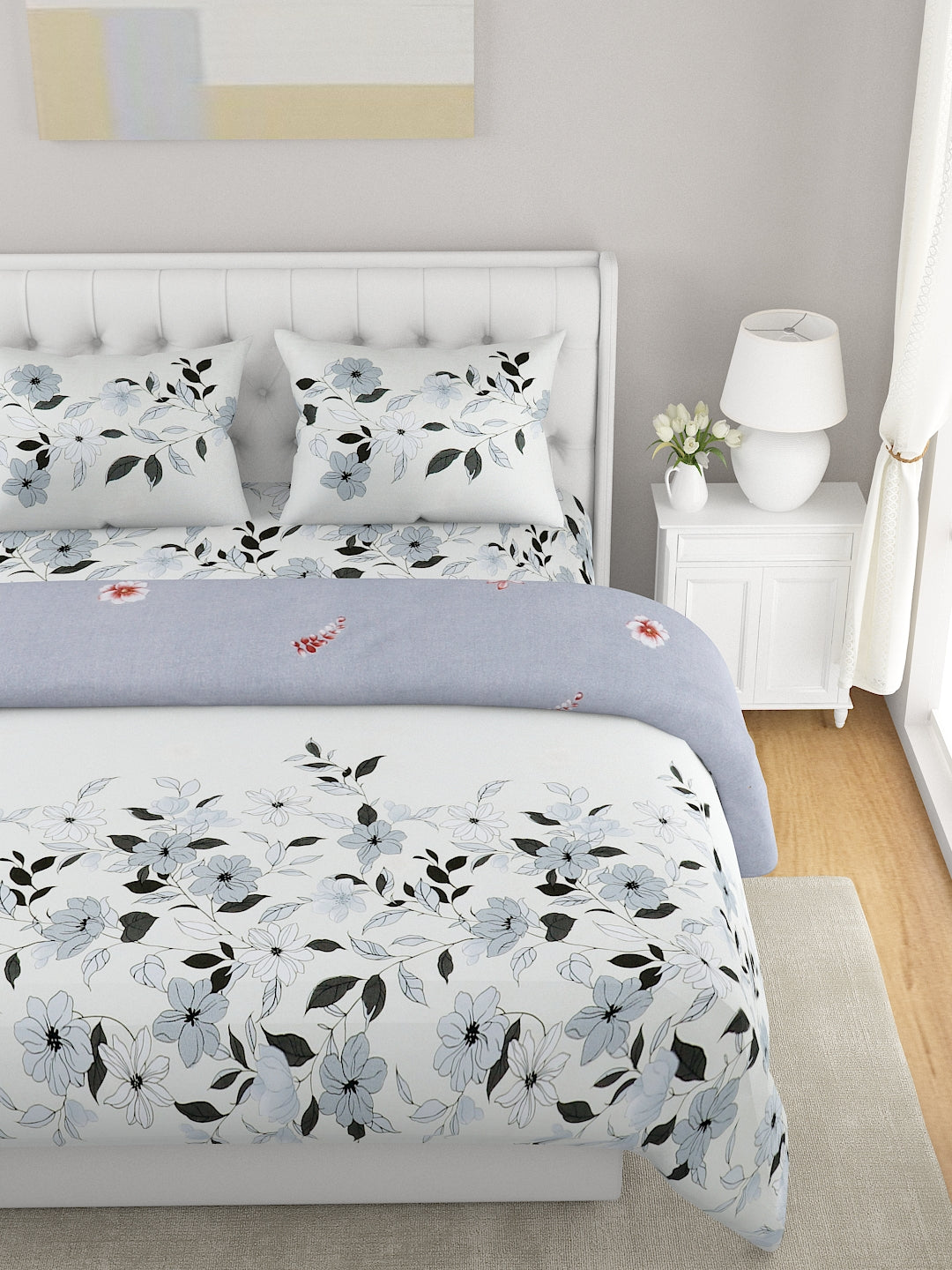 Grey & White Floral Printed Double Queen Bedding Set
