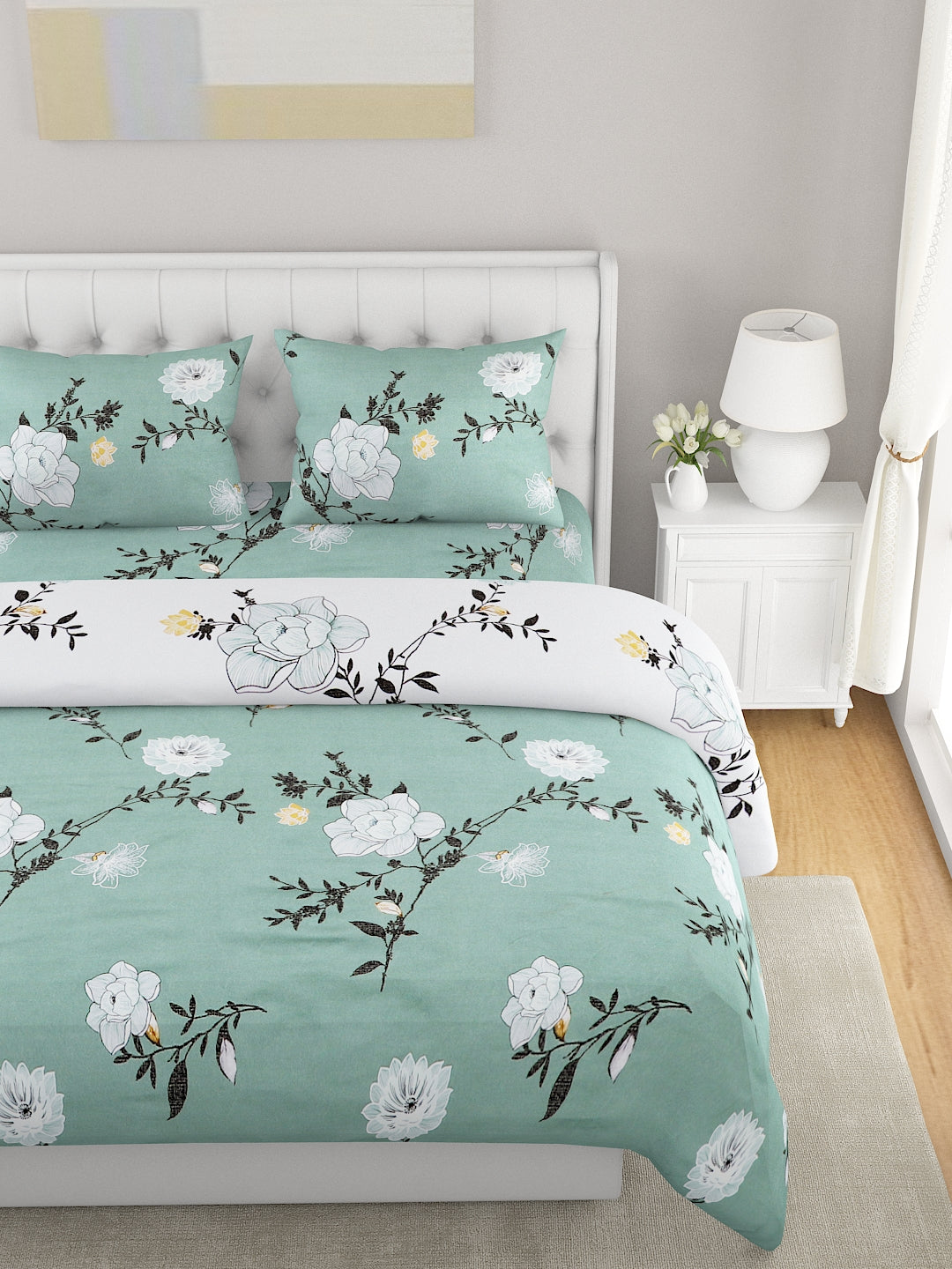 Green & White 4 Pcs Floral Printed Double Queen Bedding Set