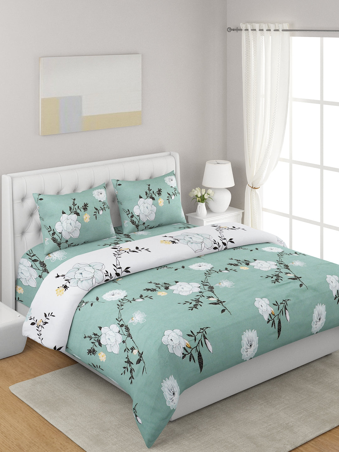 Green & White 4 Pcs Floral Printed Double Queen Bedding Set