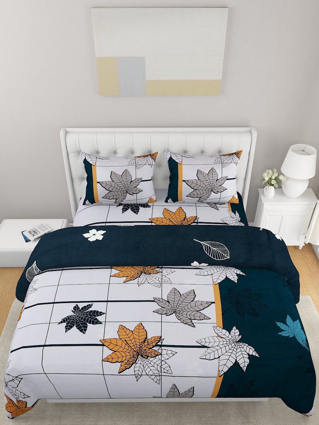 Blue White 4 Pieces Leaf Pattern Printed Double Queen Bedding Set