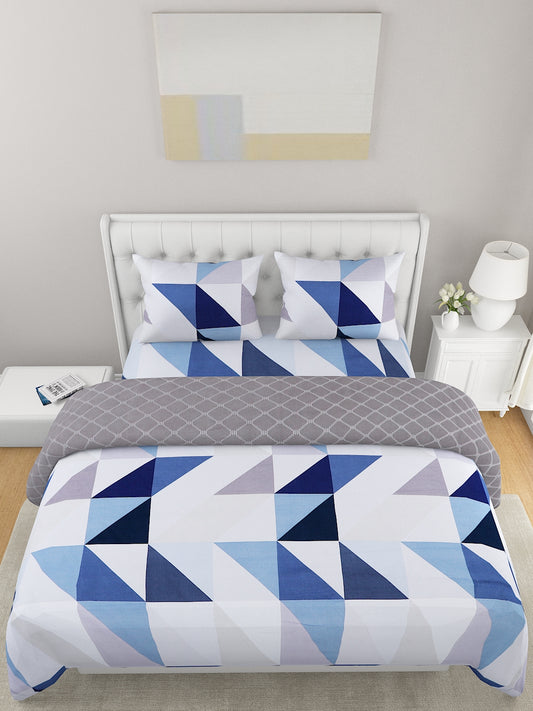 Blue Grey Printed Double Queen Reversible Bedding Set