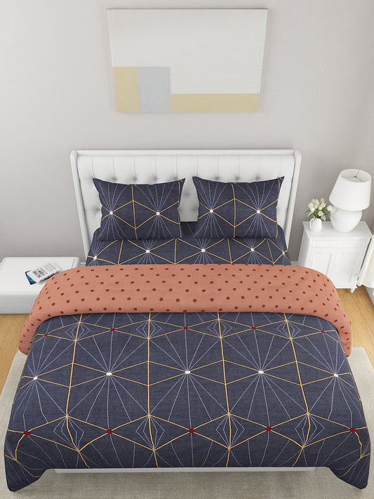 Dark Grey & Copper 4 Pcs Geometric Printed Double Queen Bedding Set