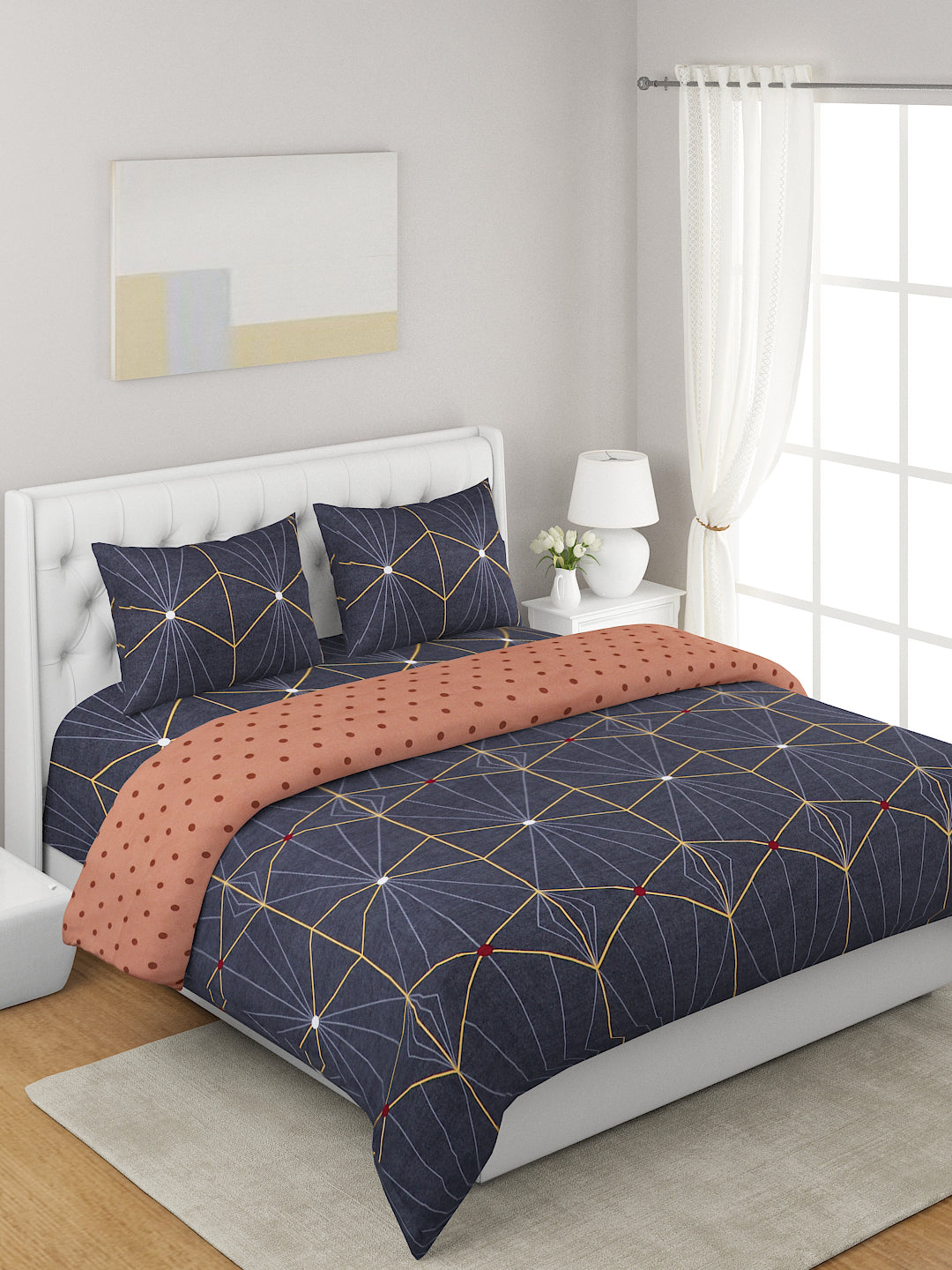 Dark Grey & Copper 4 Pcs Geometric Printed Double Queen Bedding Set