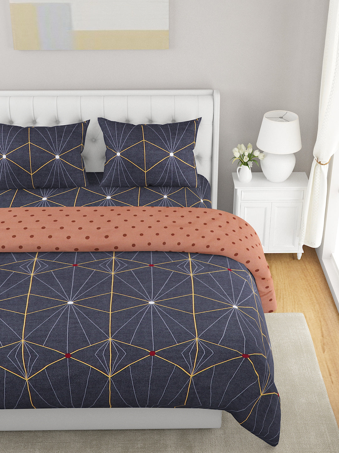 Dark Grey & Copper 4 Pcs Geometric Printed Double Queen Bedding Set