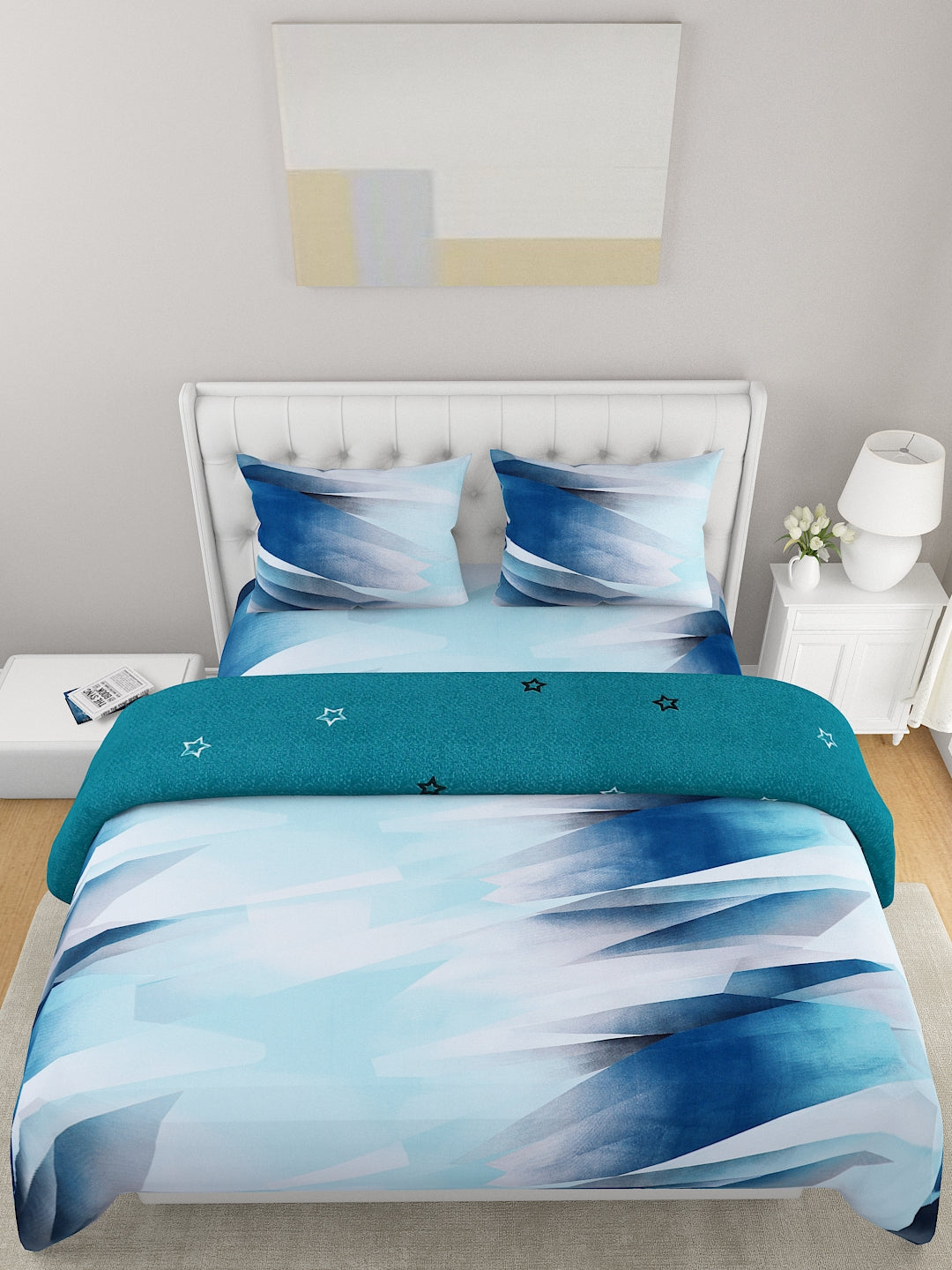 Blue & Green 4-Pcs Printed Double Queen Bedding Set