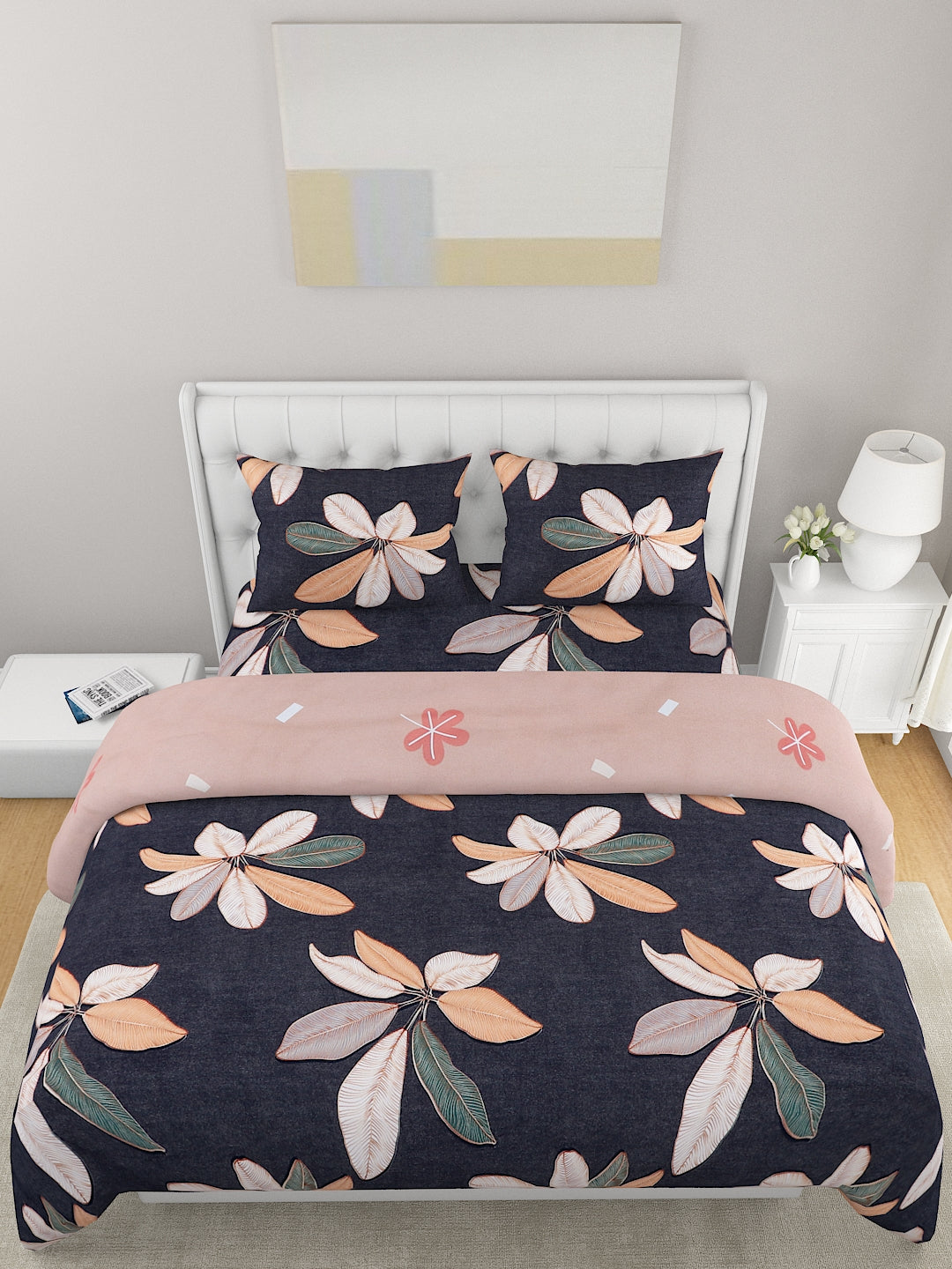 Peach Colored & Blue 4-Pcs Printed Double Queen Bedding Set