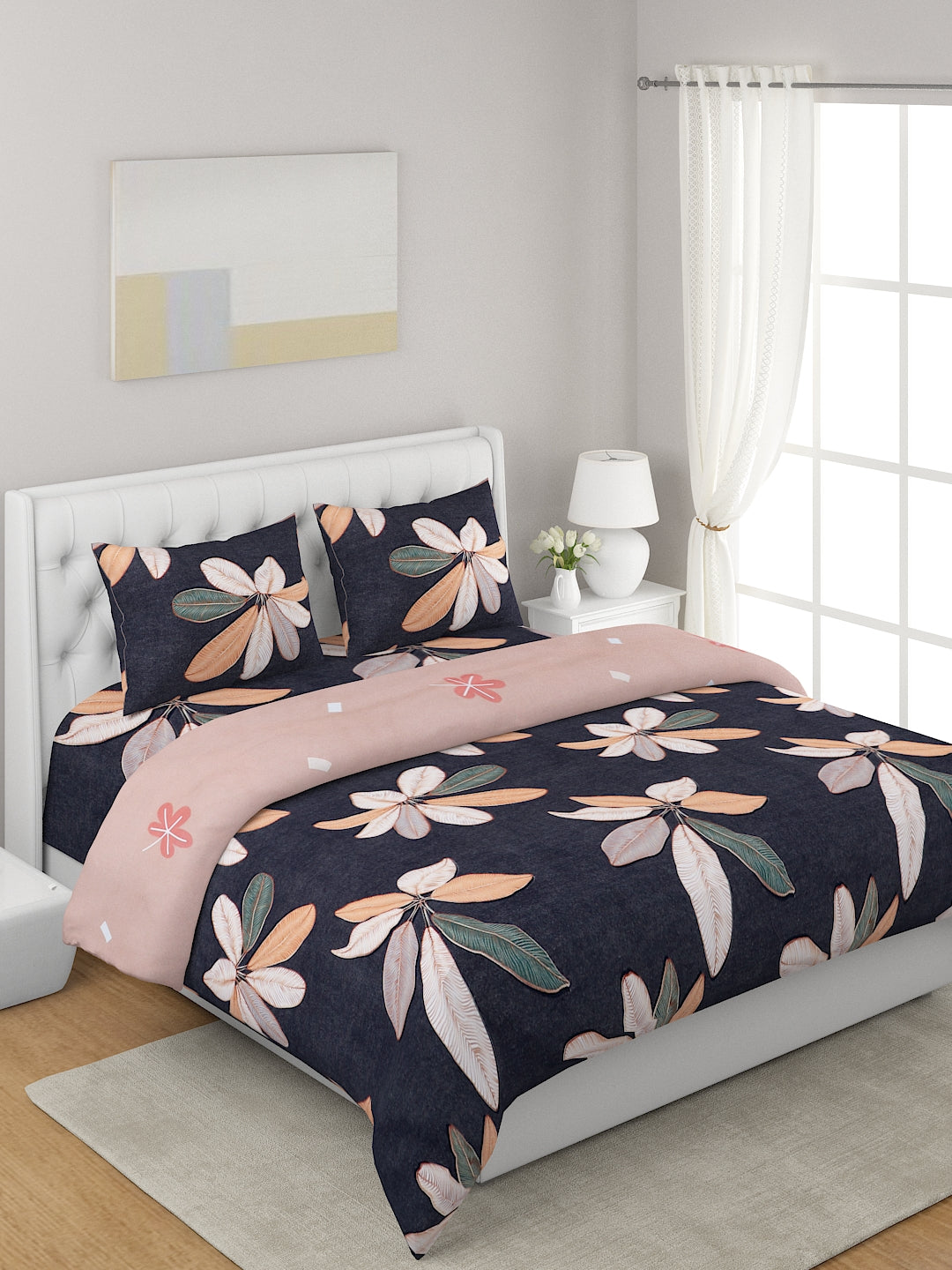 Peach Colored & Blue 4-Pcs Printed Double Queen Bedding Set