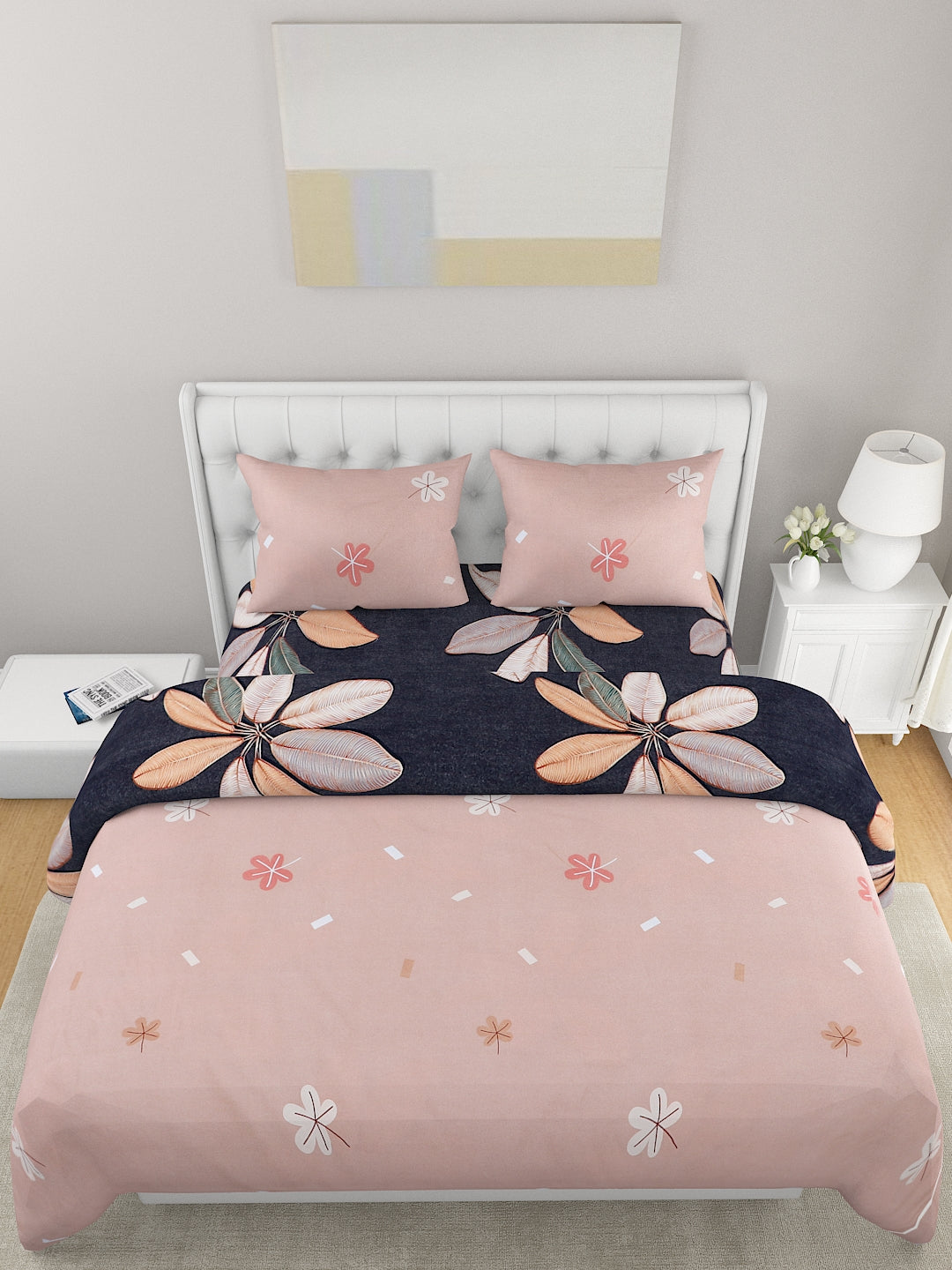 Peach Colored & Blue 4-Pcs Printed Double Queen Bedding Set