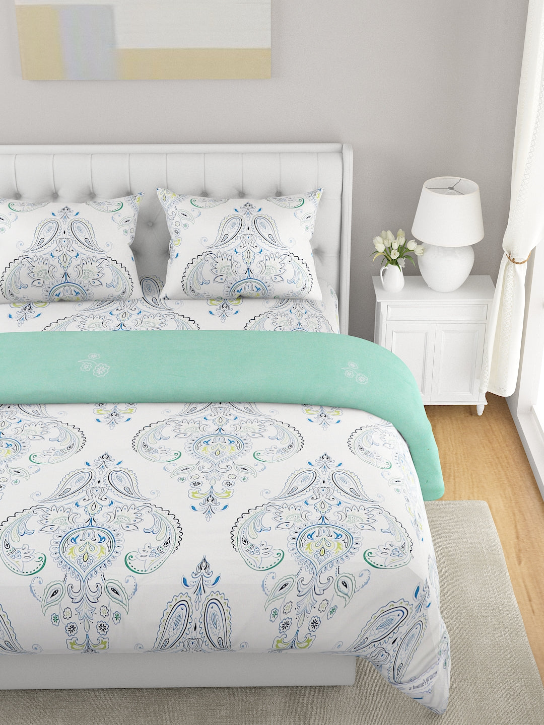 White & Green 4-Pcs Ethnic Motifs Printed Double Queen Bedding Set