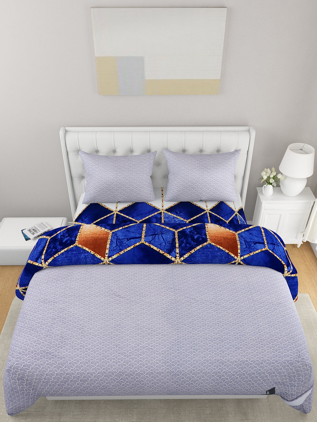 Blue & White 4-Pcs Geometric Printed Double Queen Bedding Set