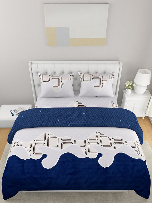 Blue Grey Printed Double Queen Bedding Set
