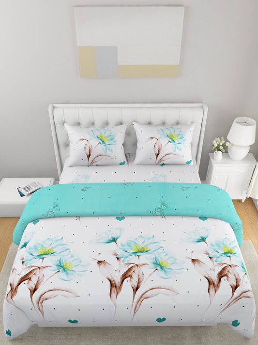 Sea Green & White 4 Pieces Printed Double Queen Bedding Set