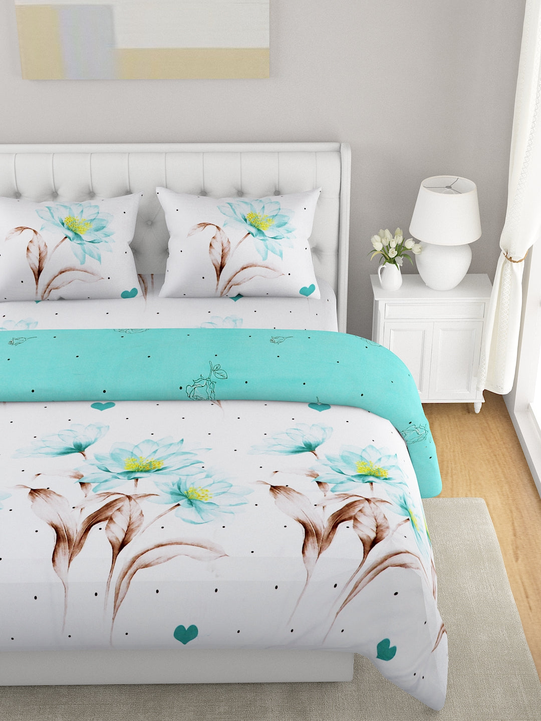 Sea Green & White 4 Pieces Printed Double Queen Bedding Set