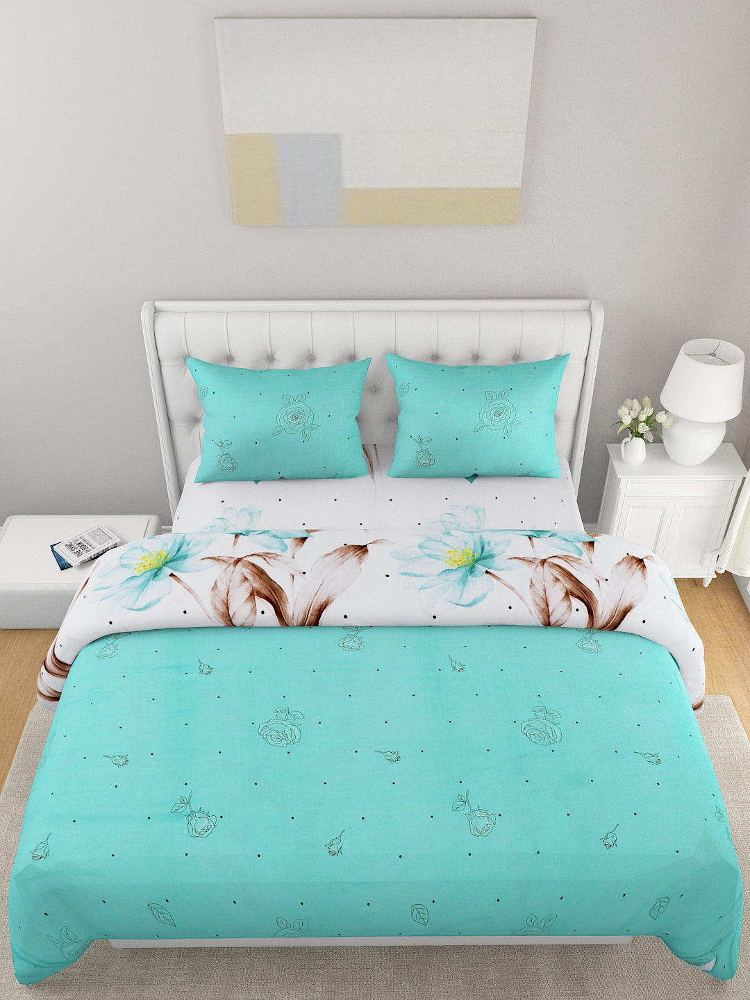 Sea Green & White 4 Pieces Printed Double Queen Bedding Set