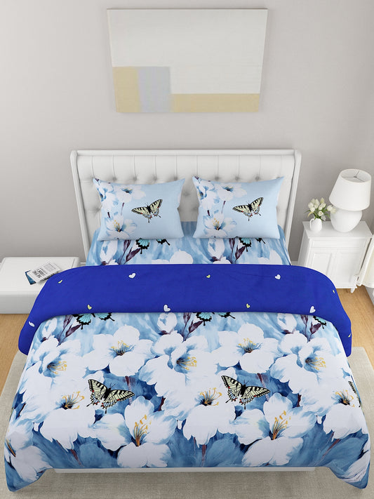 Blue & White 4 Pcs Floral Printed Double Queen Bedding Set