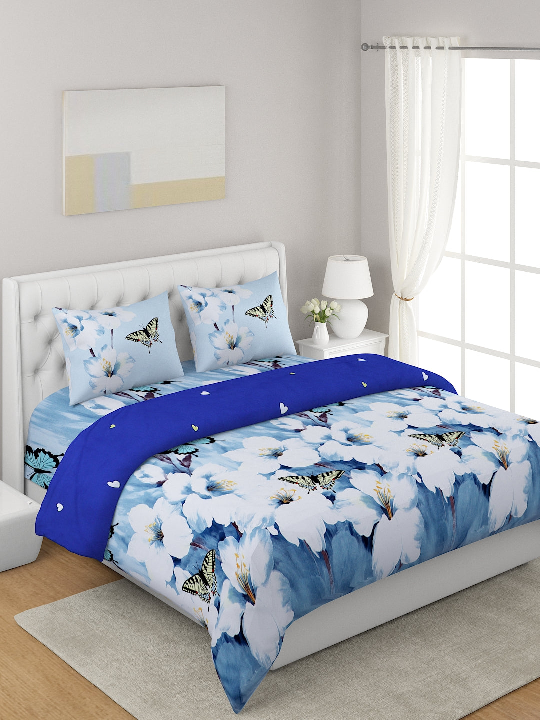 Blue & White 4 Pcs Floral Printed Double Queen Bedding Set