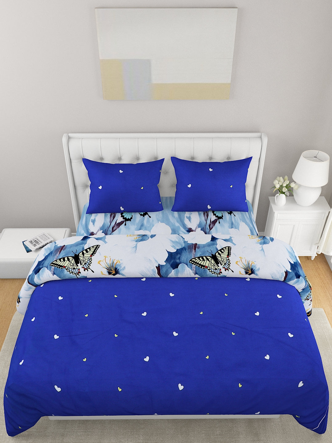 Blue & White 4 Pcs Floral Printed Double Queen Bedding Set