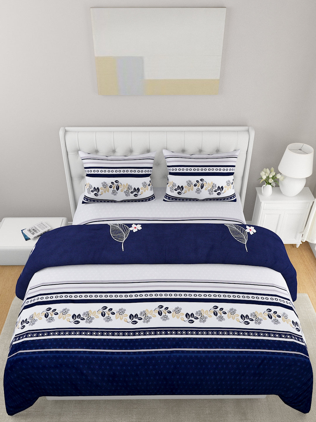 White & Navy 4-Pcs Blue Printed Double Queen Bedding Set & 2 Pillow Covers