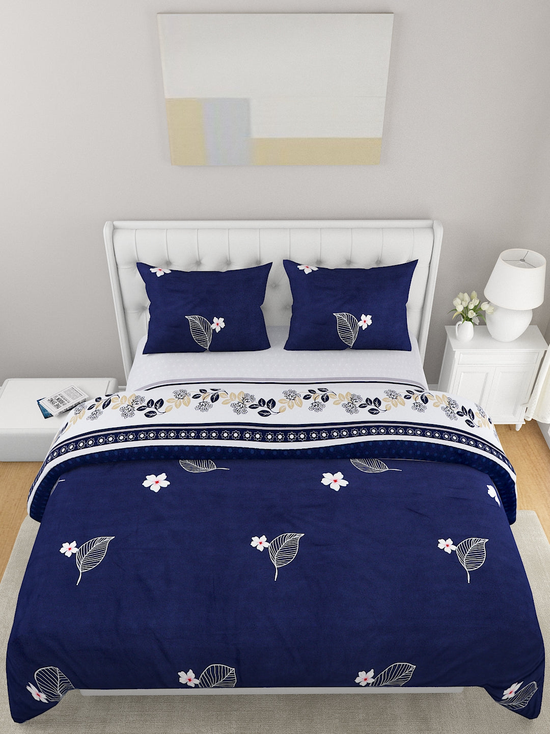 White & Navy 4-Pcs Blue Printed Double Queen Bedding Set & 2 Pillow Covers