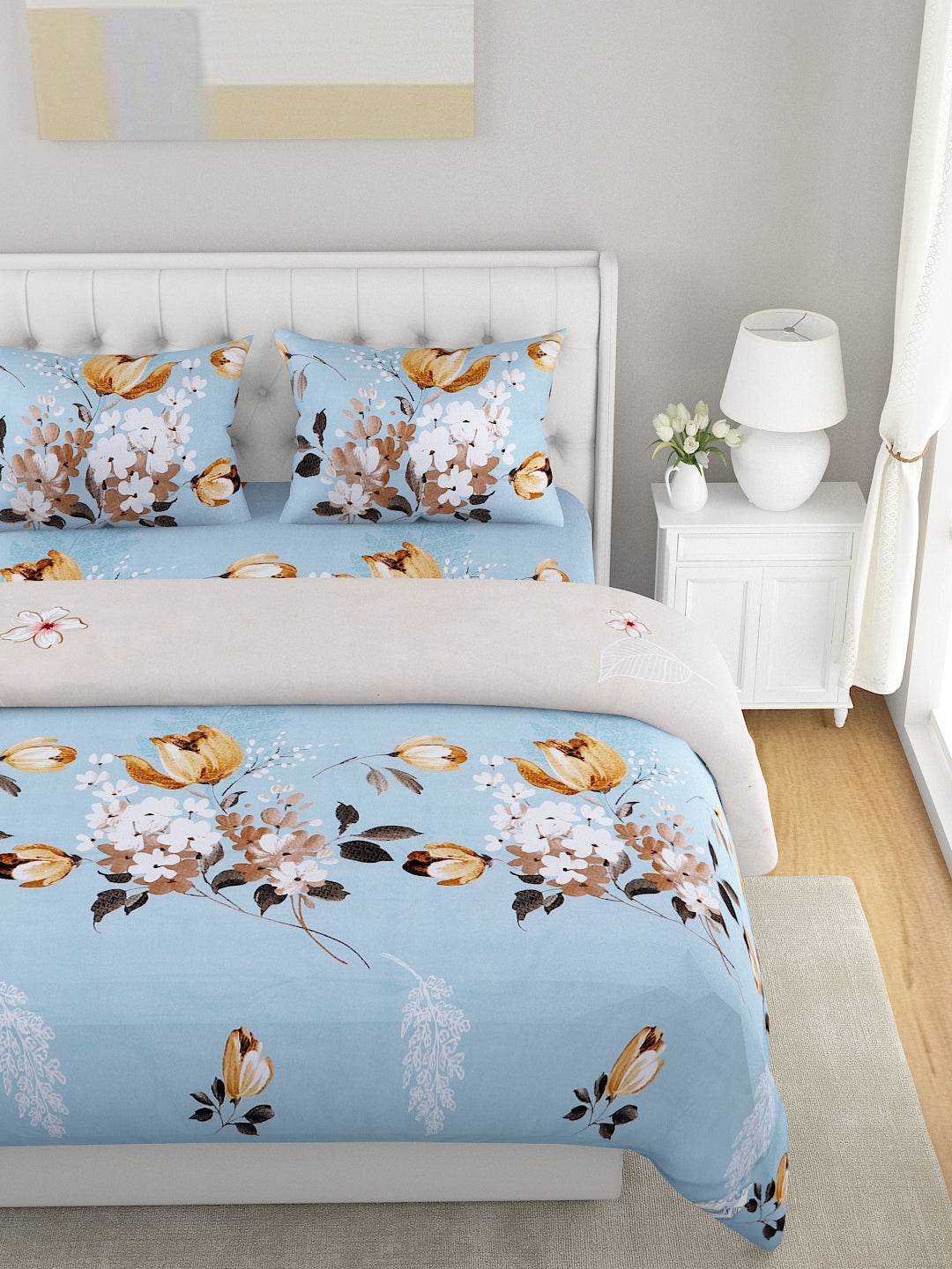 Blue & White 4-Pcs Printed Double Queen Bedding Set