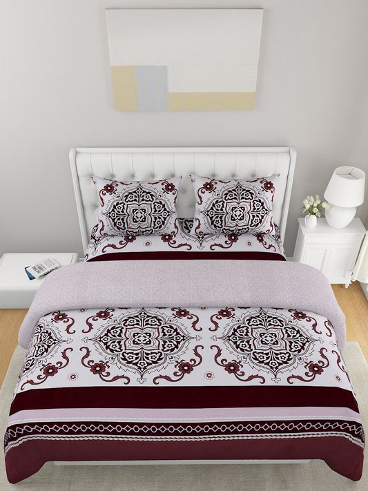 White & Brown 4 Pcs Ethnic Motifs Printed Double Queen Bedding Set