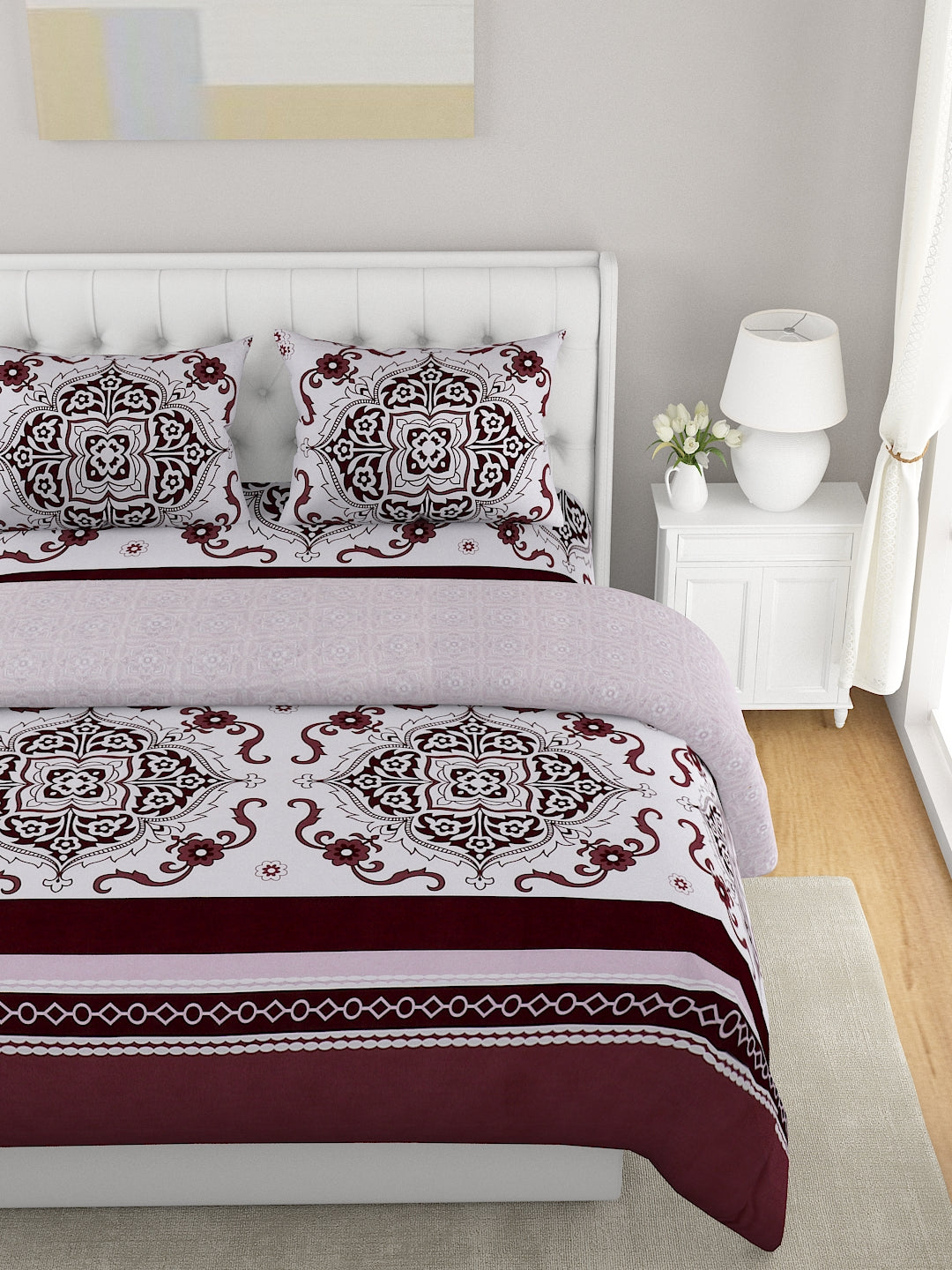 White & Brown 4 Pcs Ethnic Motifs Printed Double Queen Bedding Set