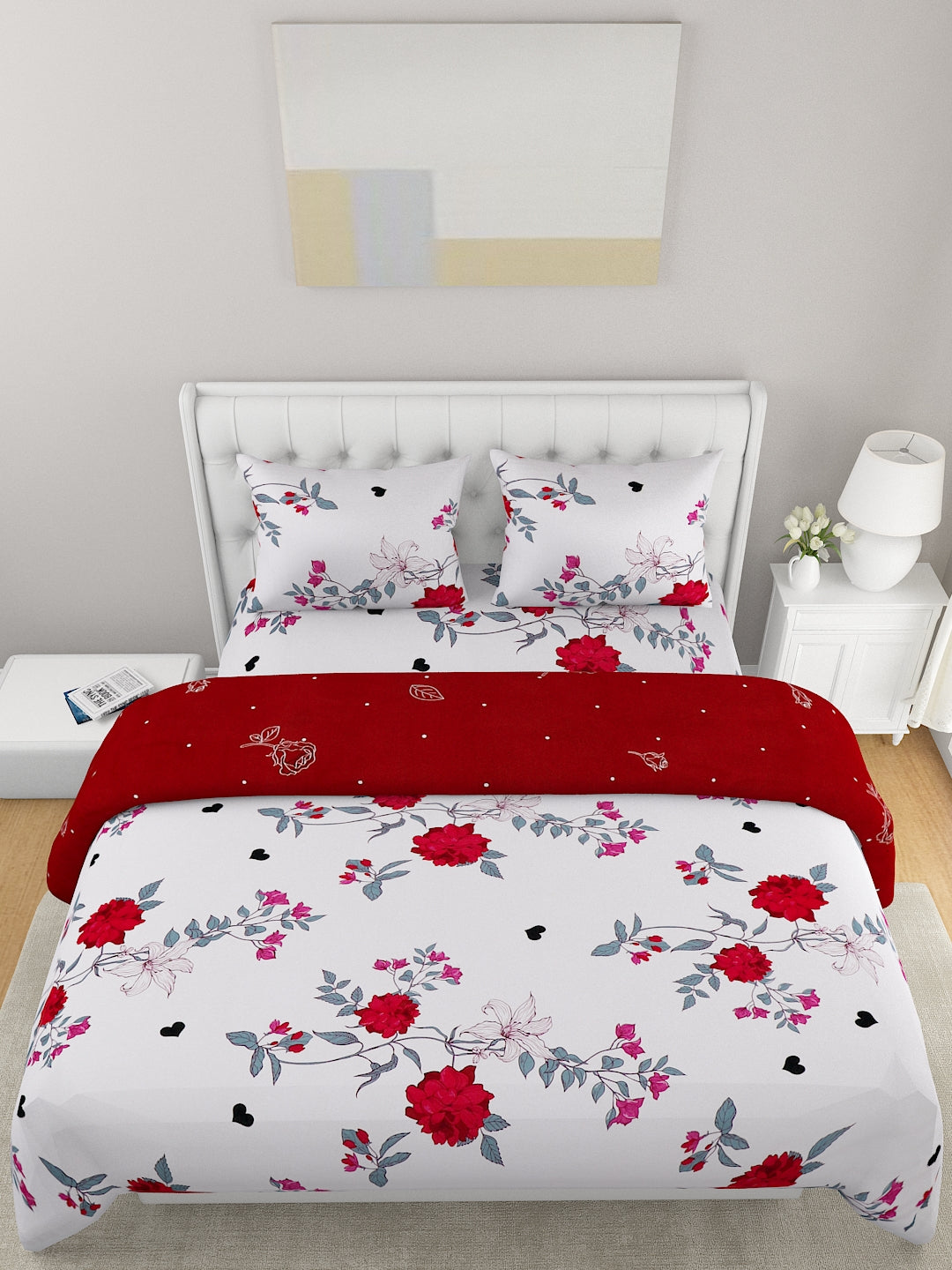 Red 4-Pcs Printed Double Queen Bedding Set
