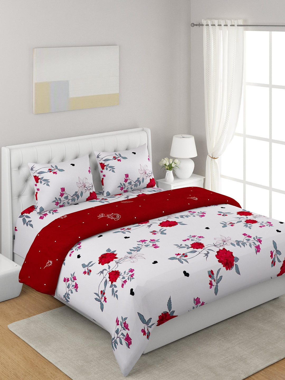 Red 4-Pcs Printed Double Queen Bedding Set