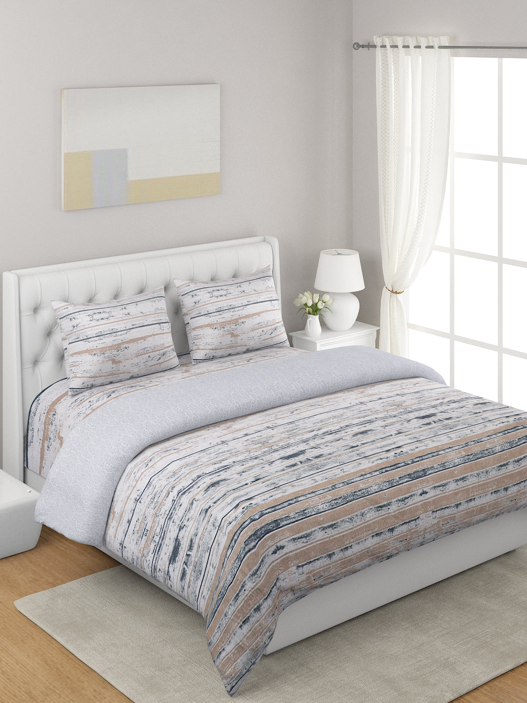 Beige & Grey 4 Pcs Printed Double Queen Bedding Set