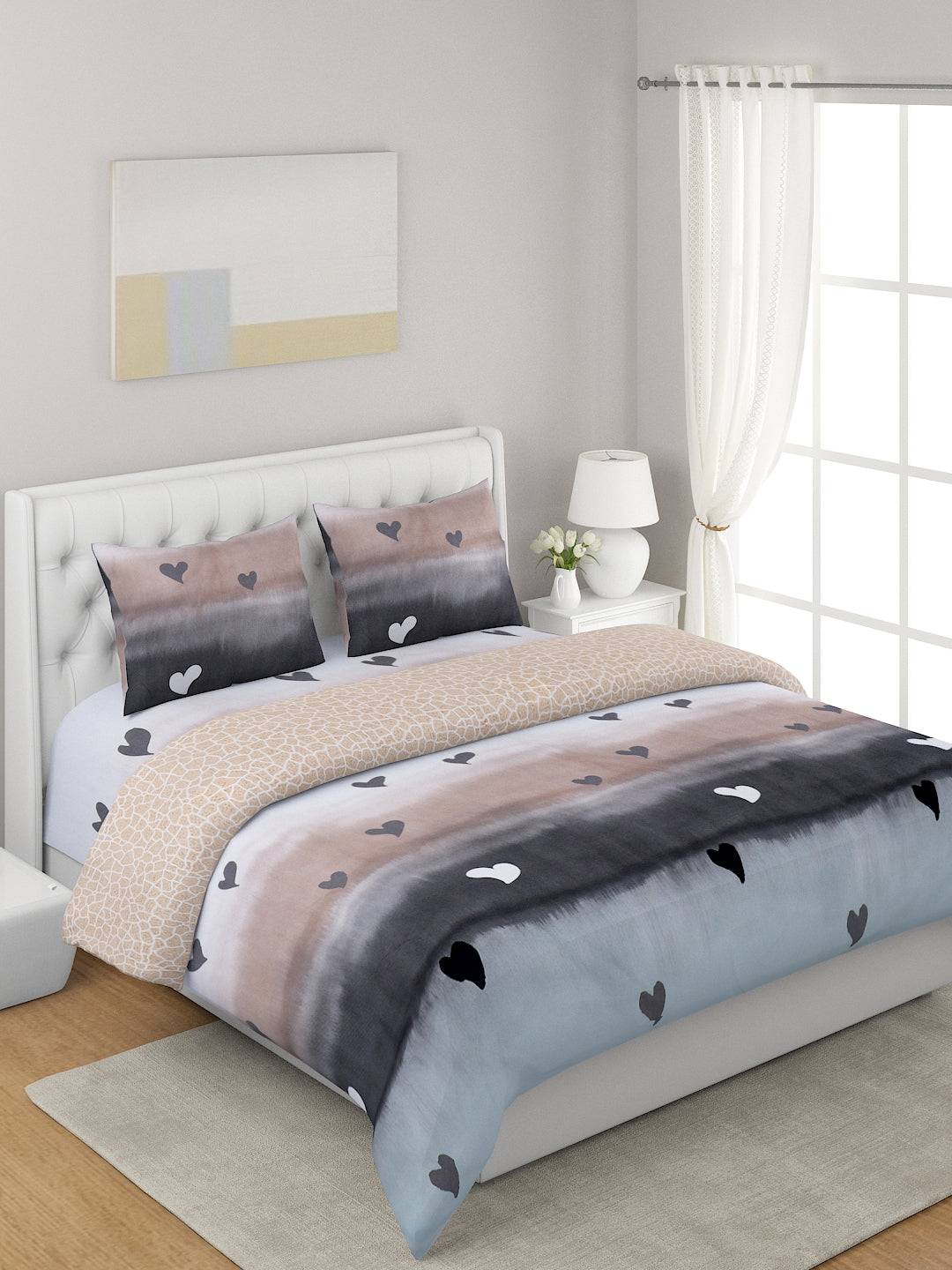 Blue & Beige 4-Pcs Geometric Printed Double Queen Bedding Set
