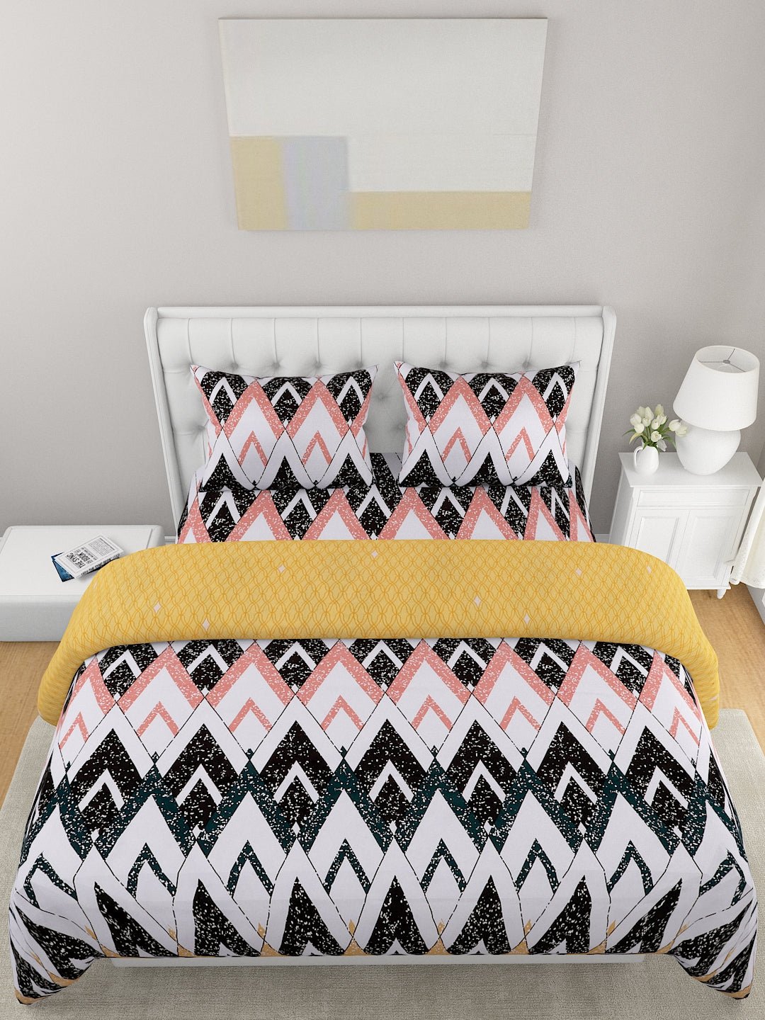 Yellow & White 4 Pcs Geometric Printed Double Queen Bedding Set