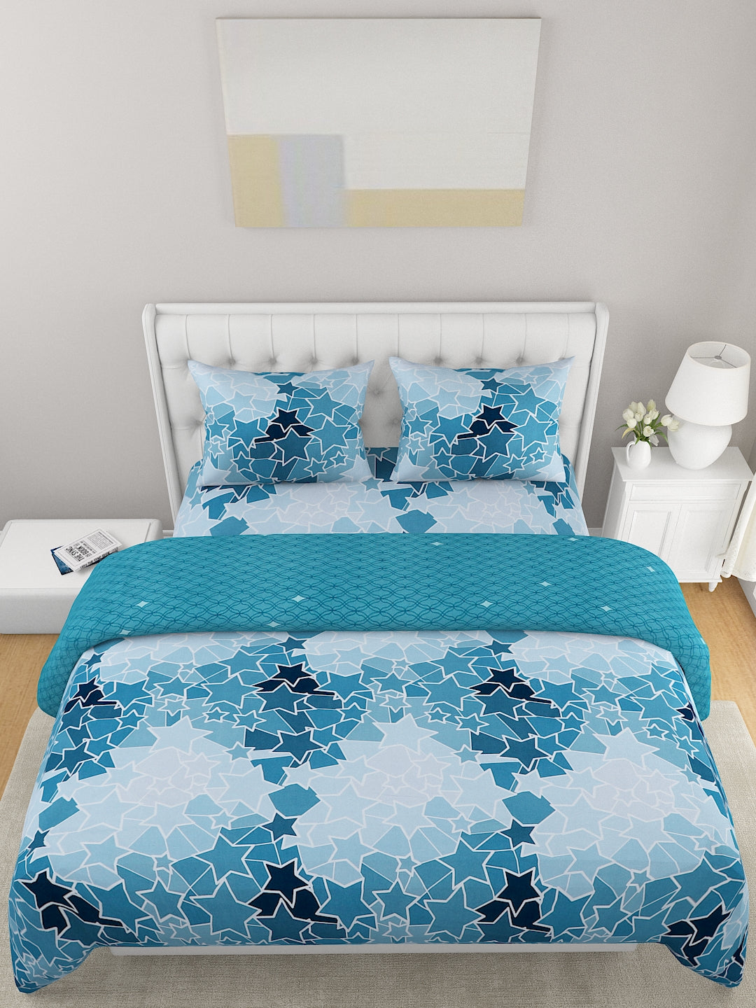 Turquoise Blue & White 4 Pcs Geometric Double Queen Cotton Bedding Set