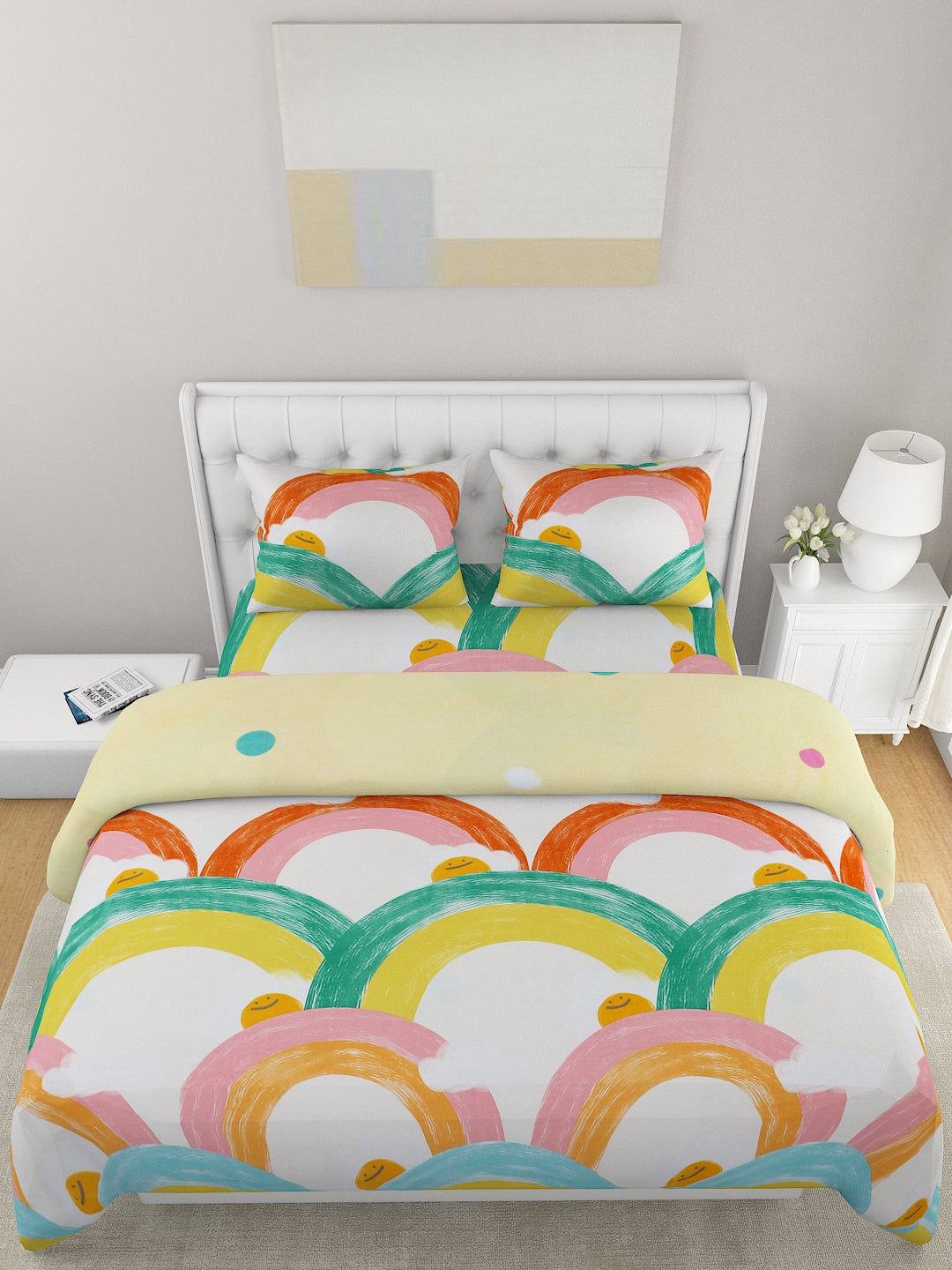 4-Pcs Yellow White Printed Double Queen Bedding Set