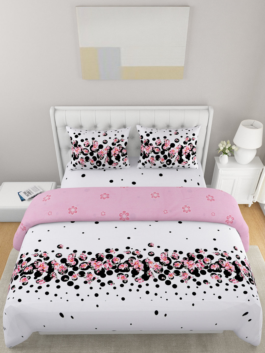 4-Pcs Pink White Printed Double Queen Bedding Set