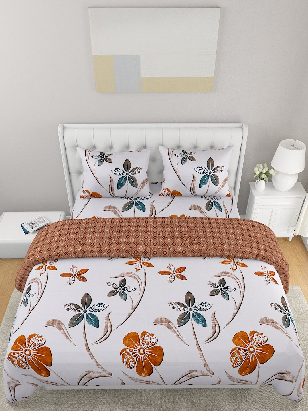 Brown & White Printed Double Queen Bedding Set