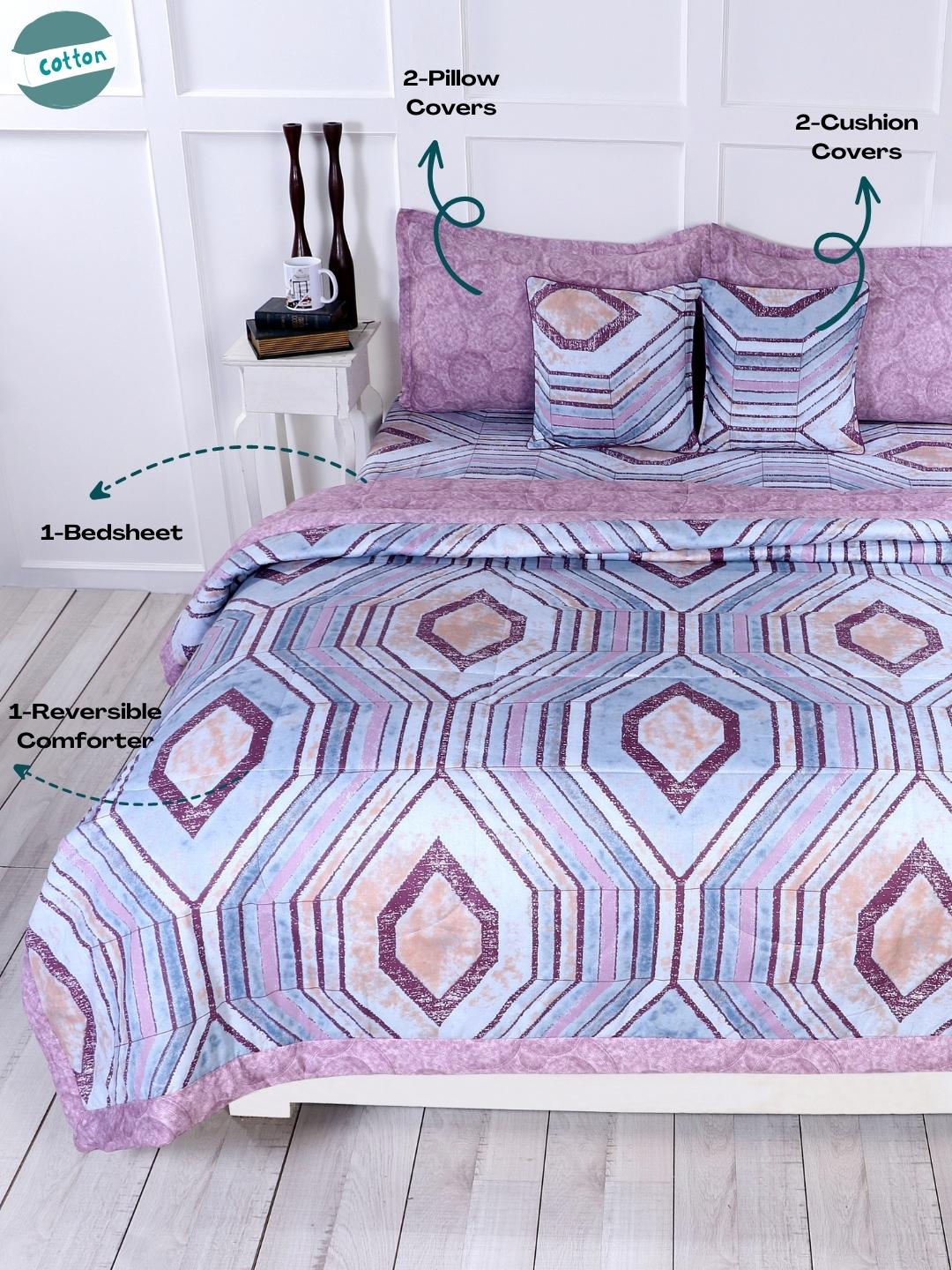 Cotton 4 Pcs Bedding Set-Muave and Multicolor